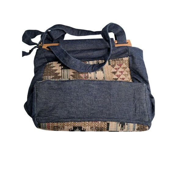 Handcrafted Denim Tote Bag With Wooden Handles & Southwestern Patterned Pockets - Picture 4 of 8